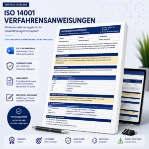 Produktbild für editierbare Word-Vorlagen von ISO 14001 Verfahrensanweisungen für das Umweltmanagementsystem mit Prozessbeschreibung, Verantwortlichkeiten und Audit-Badges.