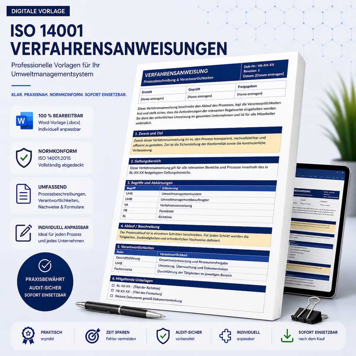 Produktbild für editierbare Word-Vorlagen von ISO 14001 Verfahrensanweisungen für das Umweltmanagementsystem mit Prozessbeschreibung, Verantwortlichkeiten und Audit-Badges.