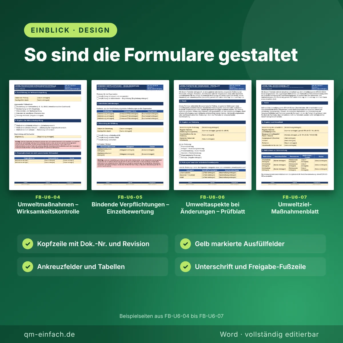 Beispielseiten der ISO 14001:2026 Formulare: Wirksamkeitskontrolle, Einzelbewertung bindender Verpflichtungen, Prüfblatt Änderungen und Umweltziel-Maßnahmenblatt