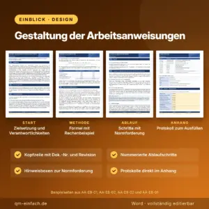 Beispielseiten der ISO 50001 Arbeitsanweisungen mit Zielsetzung, Rechenbeispiel, Ablauf mit Normforderung und Protokoll im Anhang