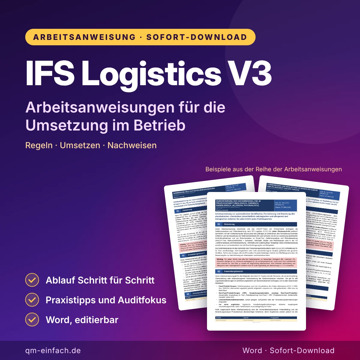 Logistics V3 Arbeitsanweisungen als Word-Vorlage mit Beispielseiten zu Gefahrenanalyse, CCP-Entscheidungsbaum und externen IFS-Audits