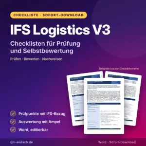 Produktbild IFS Logistics V3 Checklisten im Word-Format mit Prüfpunkten, IFS-Bezug und Auswertung mit Ampel, Beispielseiten der Checklistenreihe