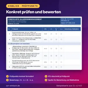 Ausschnitt einer IFS Logistics Checkliste mit Prüfpunkten, IFS-Abschnitt, Bewertung i. O., n. i. O., n. a. und Spalte für Bemerkung und Maßnahme