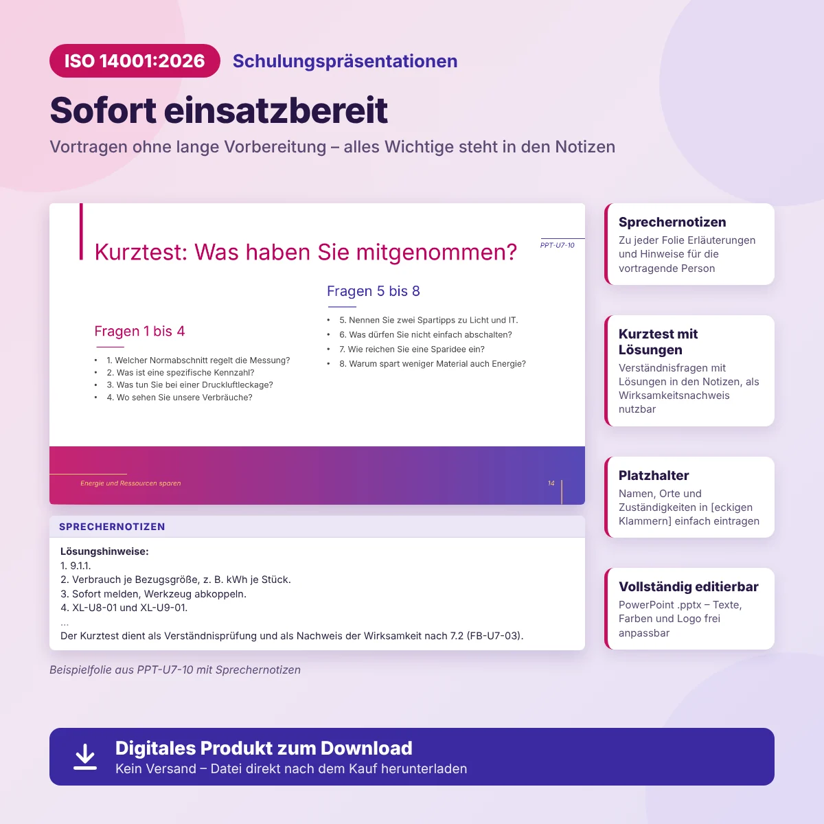 Umweltschulung ISO 14001:2026 mit Sprechernotizen und Lösungshinweisen