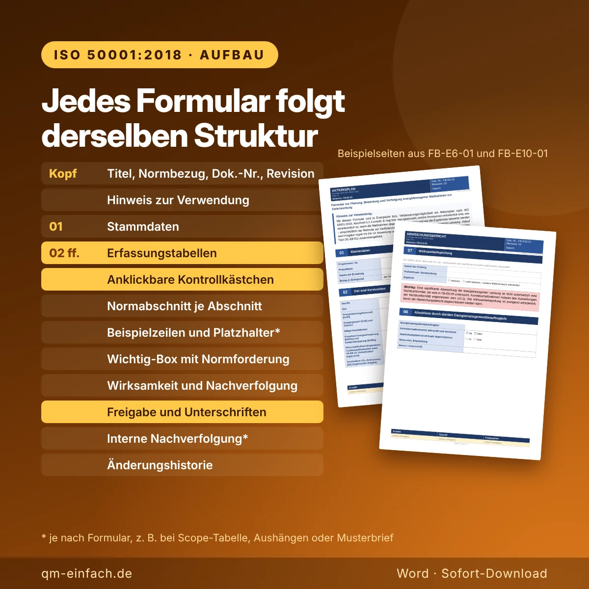 Aufbau der ISO 50001 Formulare von Kopfzeile und Stammdaten über Erfassungstabellen bis Freigabe und Änderungshistorie