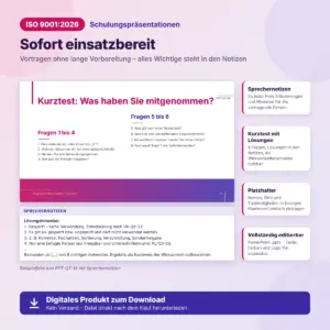 Schulungsfolie ISO 9001:2026 mit Sprechernotizen und Lösungshinweisen