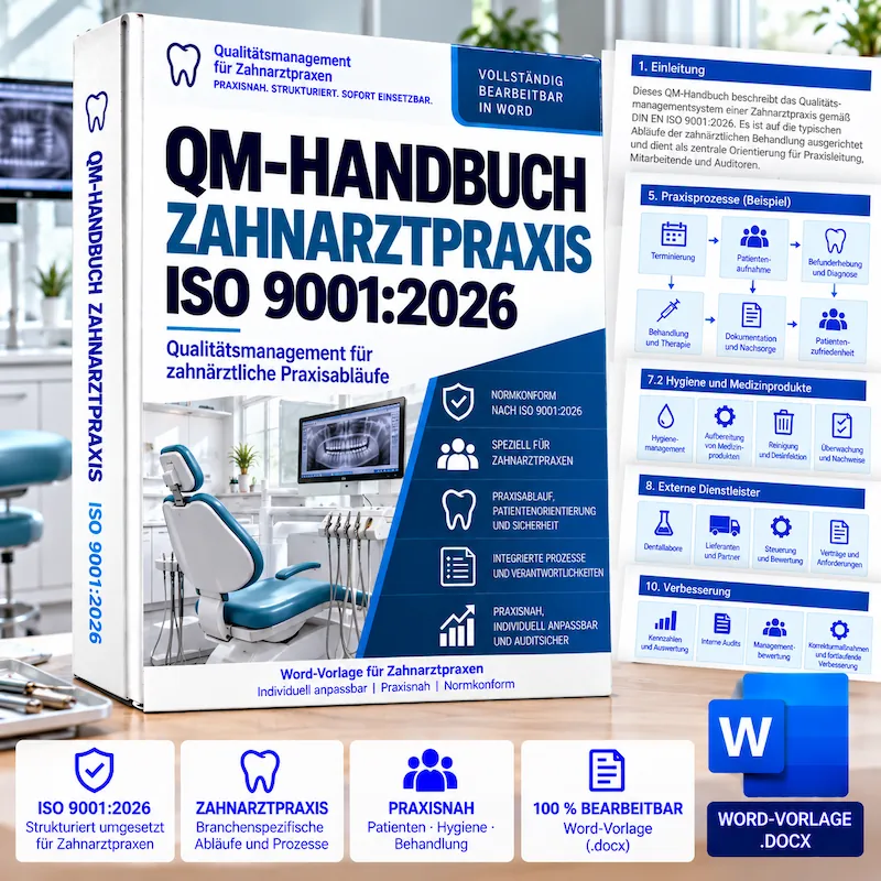 QM-Handbuch Zahnarztpraxis ISO 9001:2026 als bearbeitbare Word-Vorlage